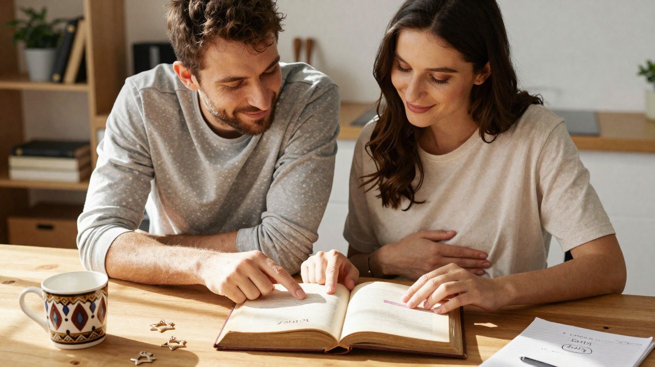 Casal sentado à mesa a ler um livro em conjunto com uma caneca e apontamentos ao lado.