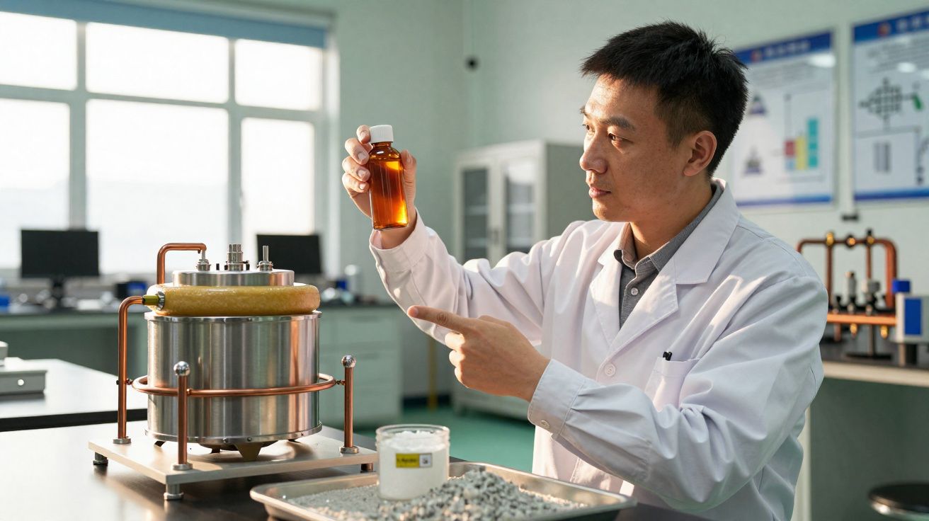 Cientista de bata branca examina frasco com líquido âmbar num laboratório moderno e bem iluminado.