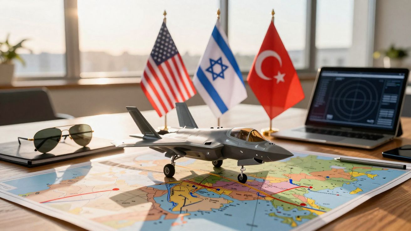 Modelo de avião militar sobre mapa com bandeiras dos EUA, Israel e Turquia, computador e óculos de sol na mesa.