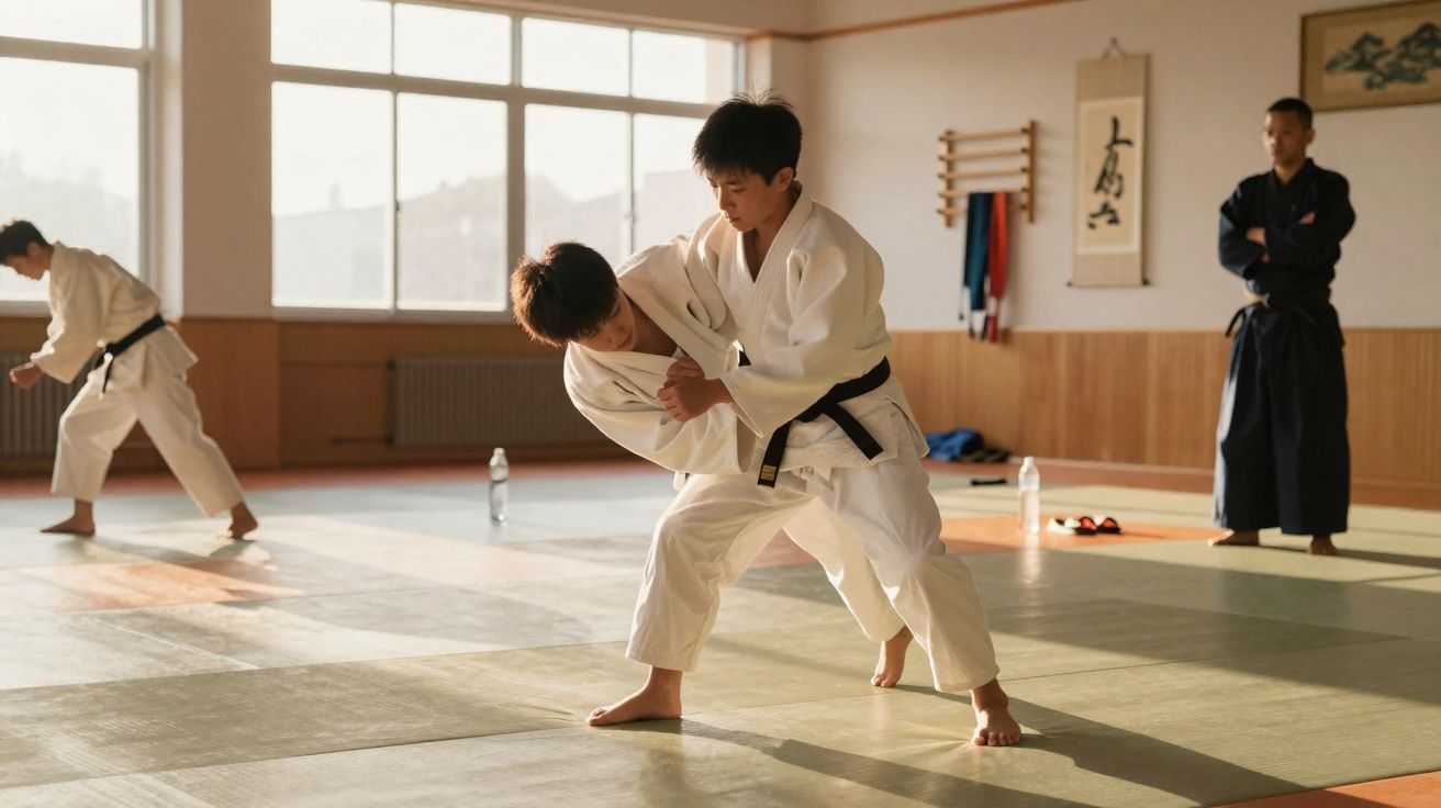 Dois jovens praticam judo numa sala com tatamis, acompanhados por um instrutor e outro praticante ao fundo.
