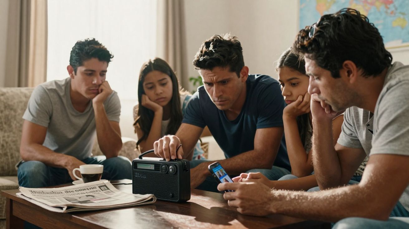 Grupo de jovens sentados numa sala a ouvir rádio com expressão séria e concentrada.