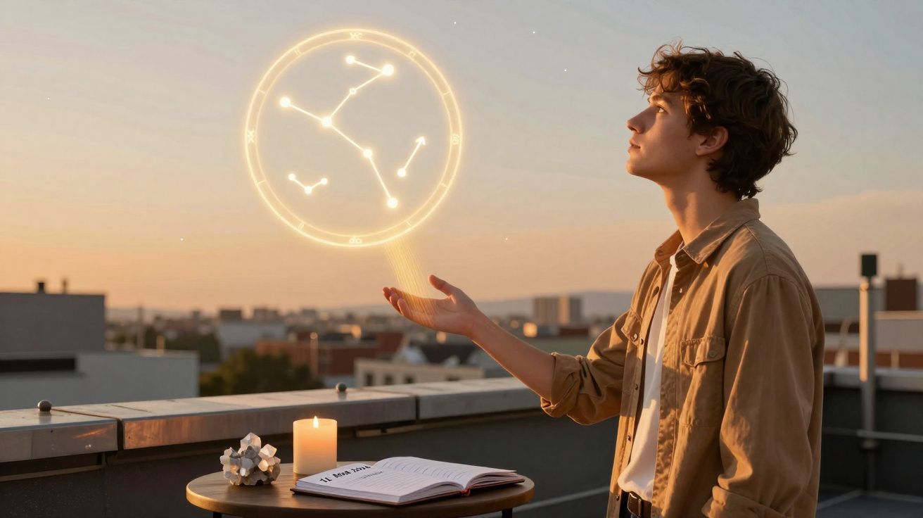 Jovem numa varanda ao pôr do sol observa constelação holográfica flutuando sobre a sua mão.