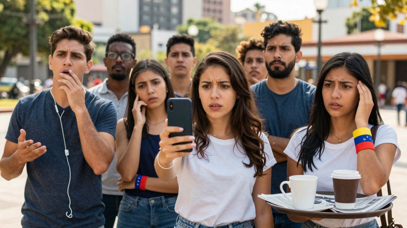 Grupo de jovens preocupados a olhar para um telemóvel numa praça urbana durante o dia.