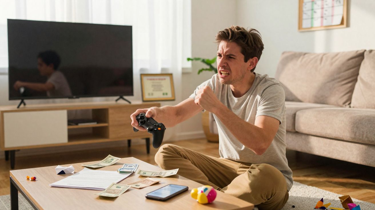 Homem sentado no chão a jogar videojogo com expressão frustrada numa sala moderna.