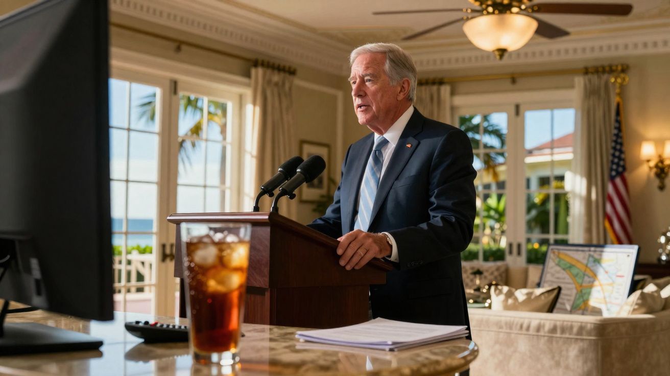 Homem de fato a discursar em púlpito com microfones, num ambiente interior com janelas grandes e um monitor à frente.