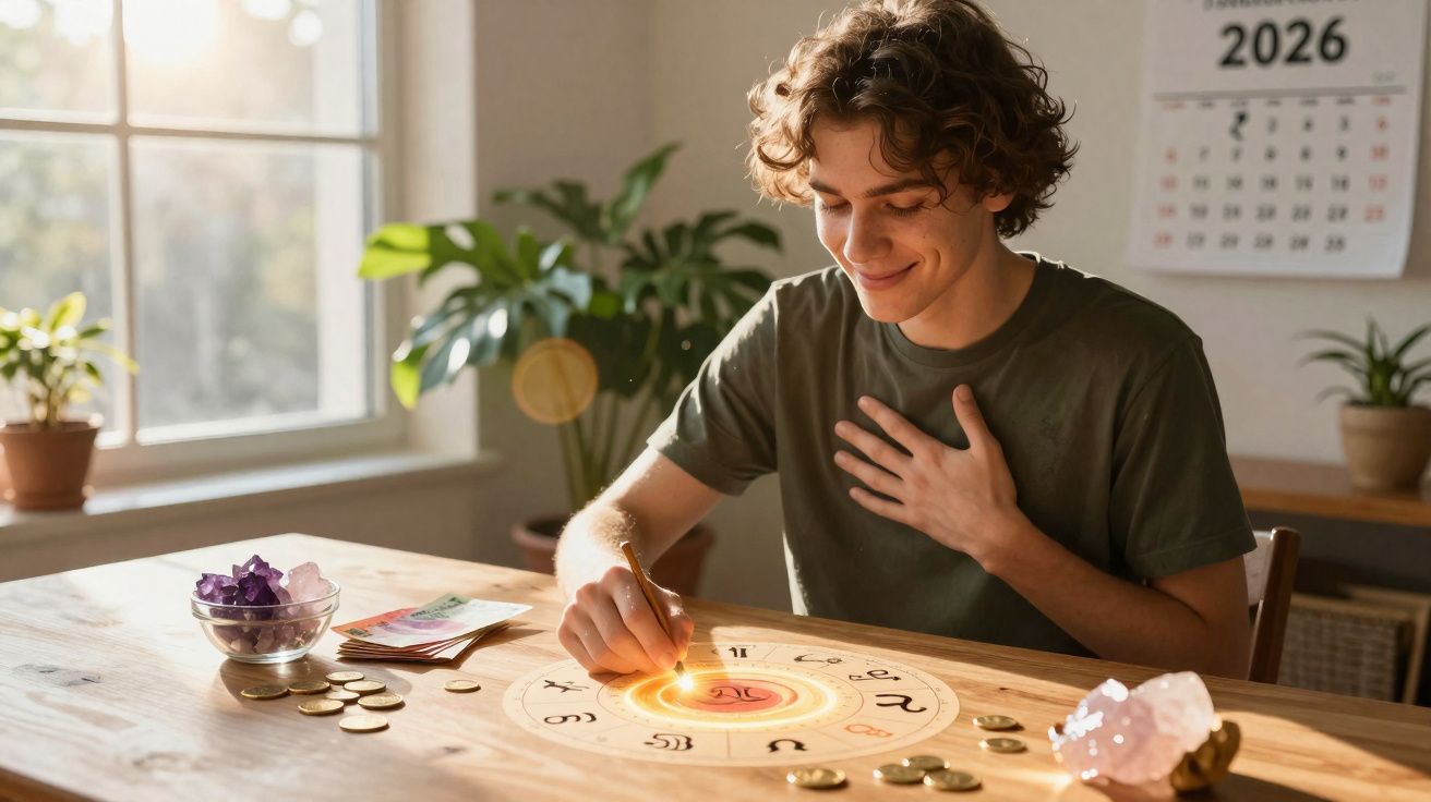 Jovem sentado à mesa desenha símbolos astrológicos num círculo iluminado com cristais e moedas à volta.
