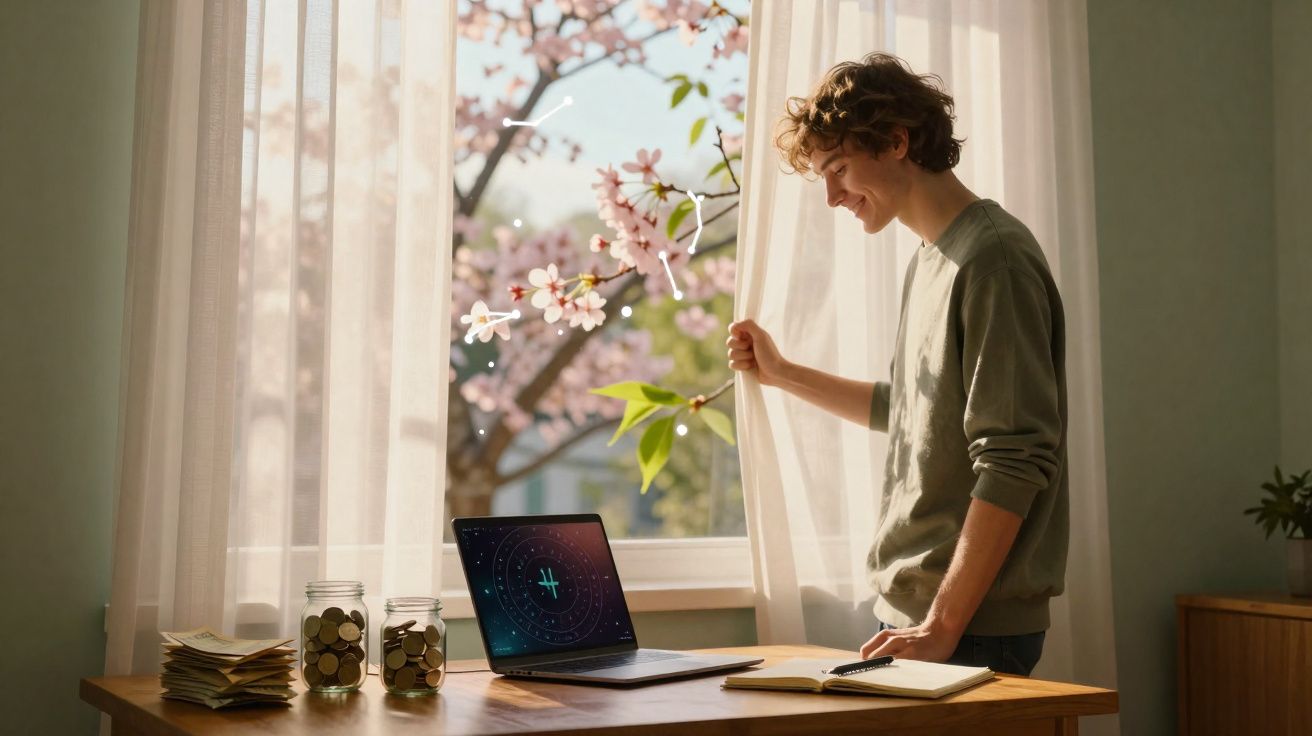 Jovem sorridente a abrir cortinas junto a mesa com computador, cadernos e frascos com moedas.