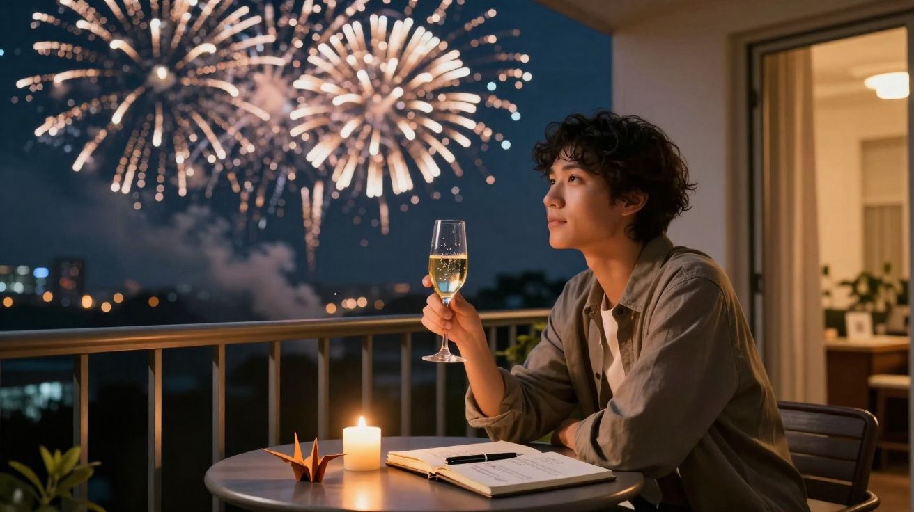 Pessoa a brindar com copo de champanhe no terraço, a observar fogos de artifício à noite.