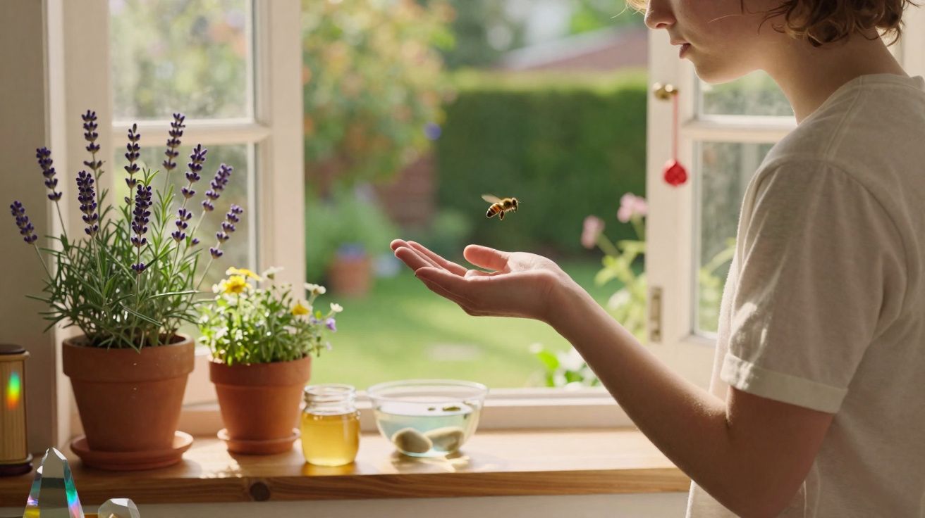Pessoa segurando a mão junto a uma janela aberta com uma abelha a voar e vasos de plantas na decoração.
