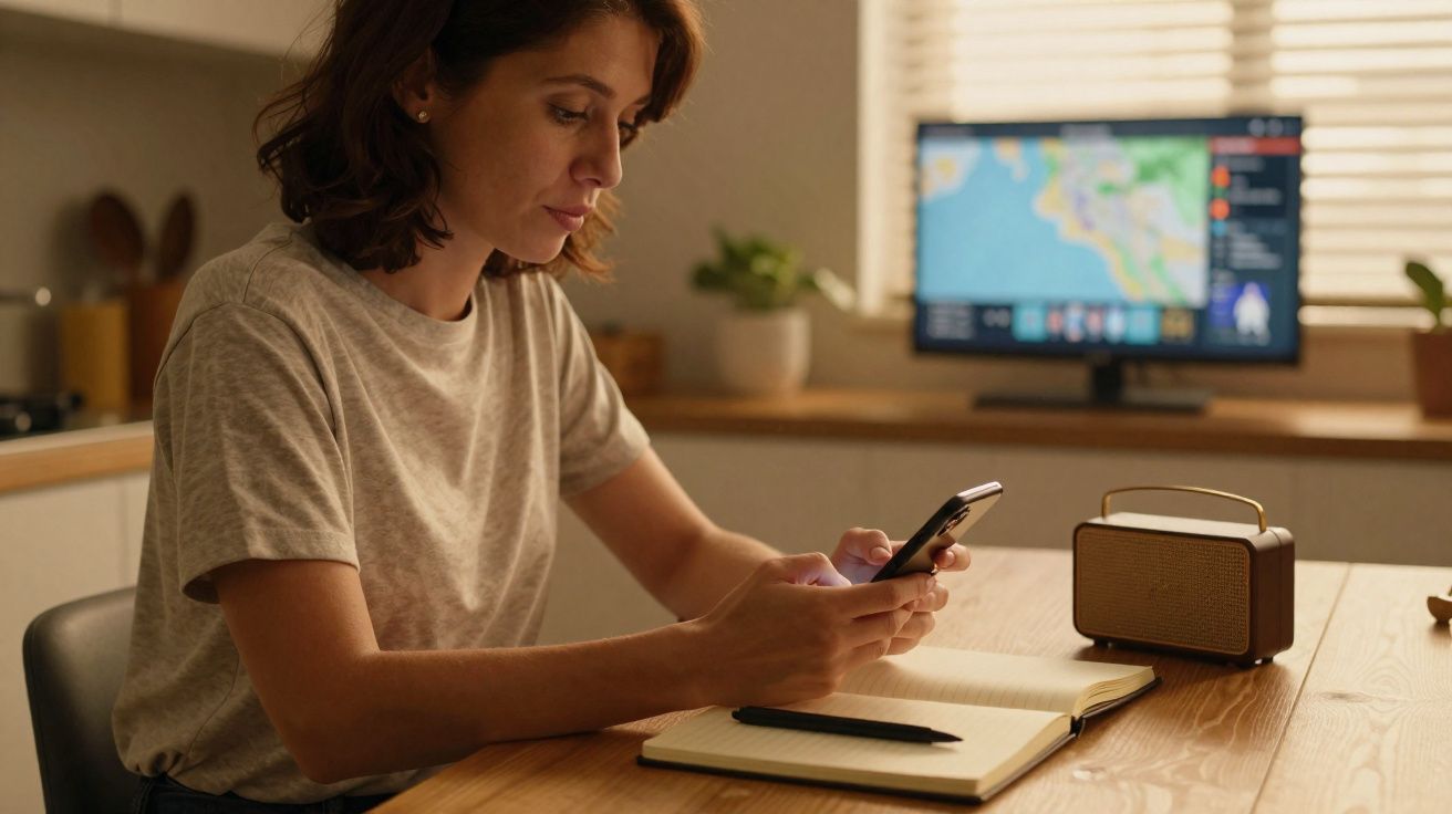 Mulher sentada à mesa com caderno e rádio, a usar telemóvel em cozinha com televisão ao fundo.
