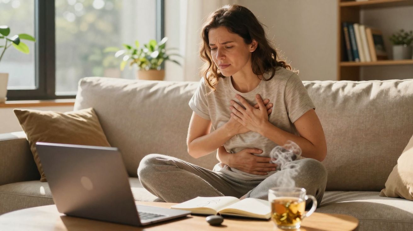 Mulher sentada no sofá com expressão de dor, segurando o peito e a barriga, com chá e portátil à frente.