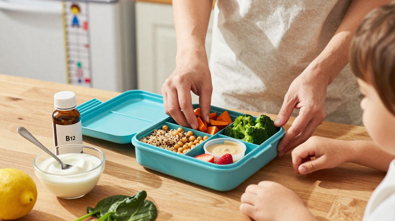 Caixa de lanche com legumes, grão-de-bico, frutos vermelhos e molho, mãos a organizar comida para criança.