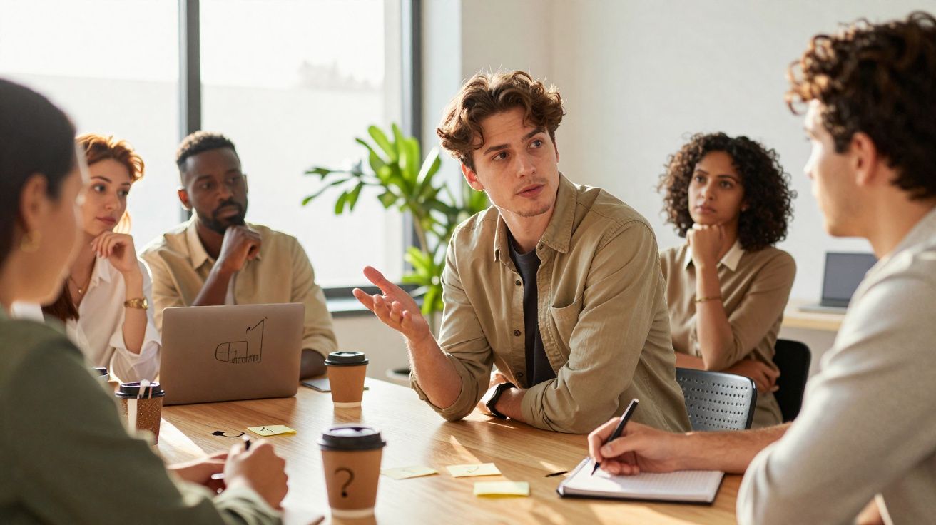 Grupo diversificado de jovens adultos em reunião de trabalho numa sala iluminada com janelas grandes.