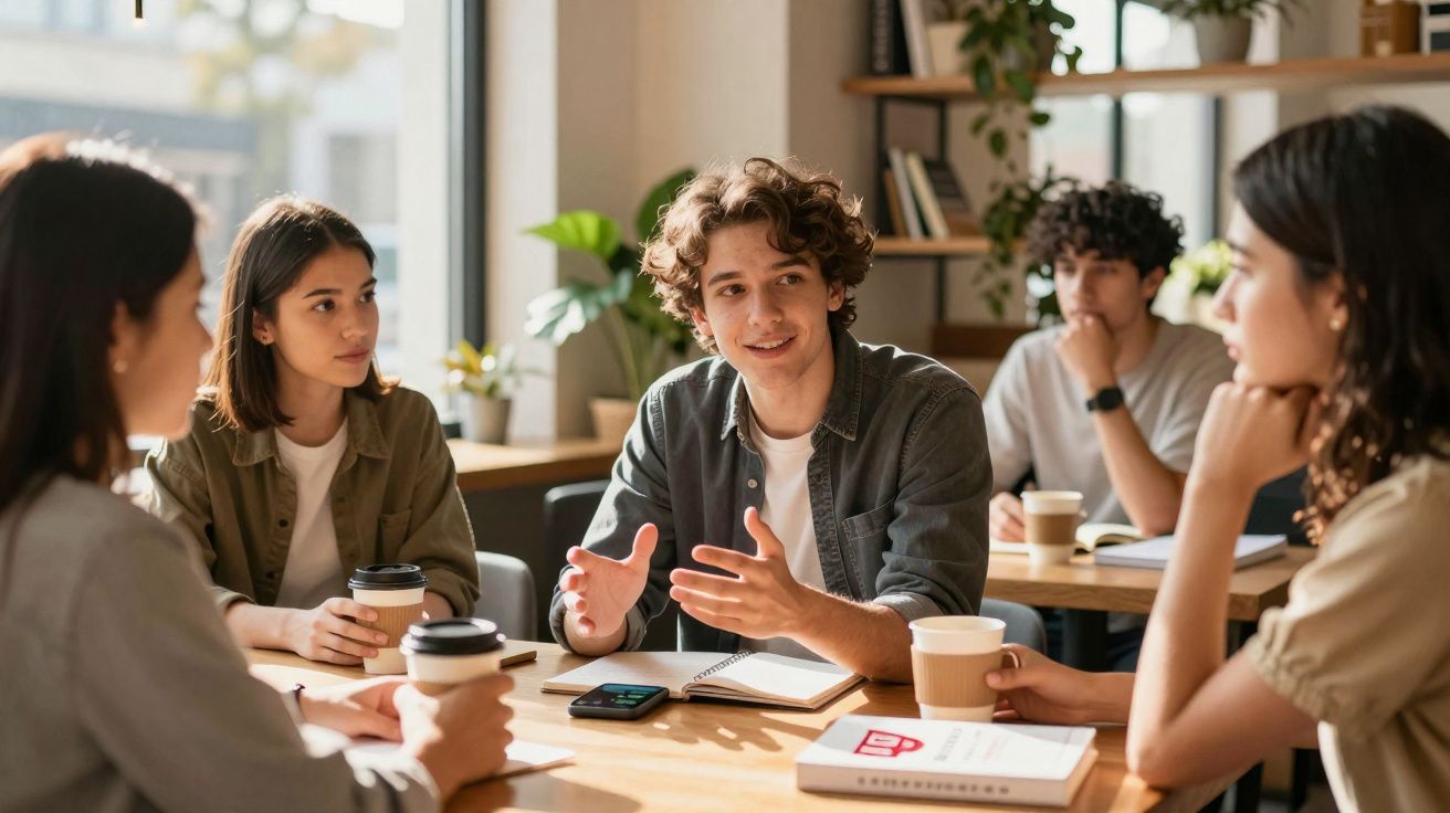 Jovens sentados à volta de uma mesa a conversar, com cadernos, livros e cafés numa sala iluminada.