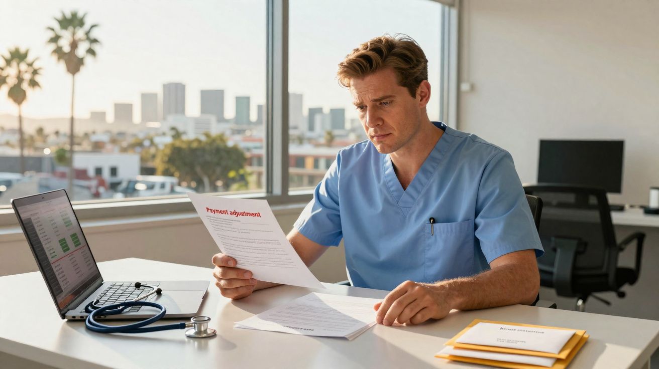 Homem com roupa médica azul a ler documento numa secretária com computador e estetoscópio à frente.