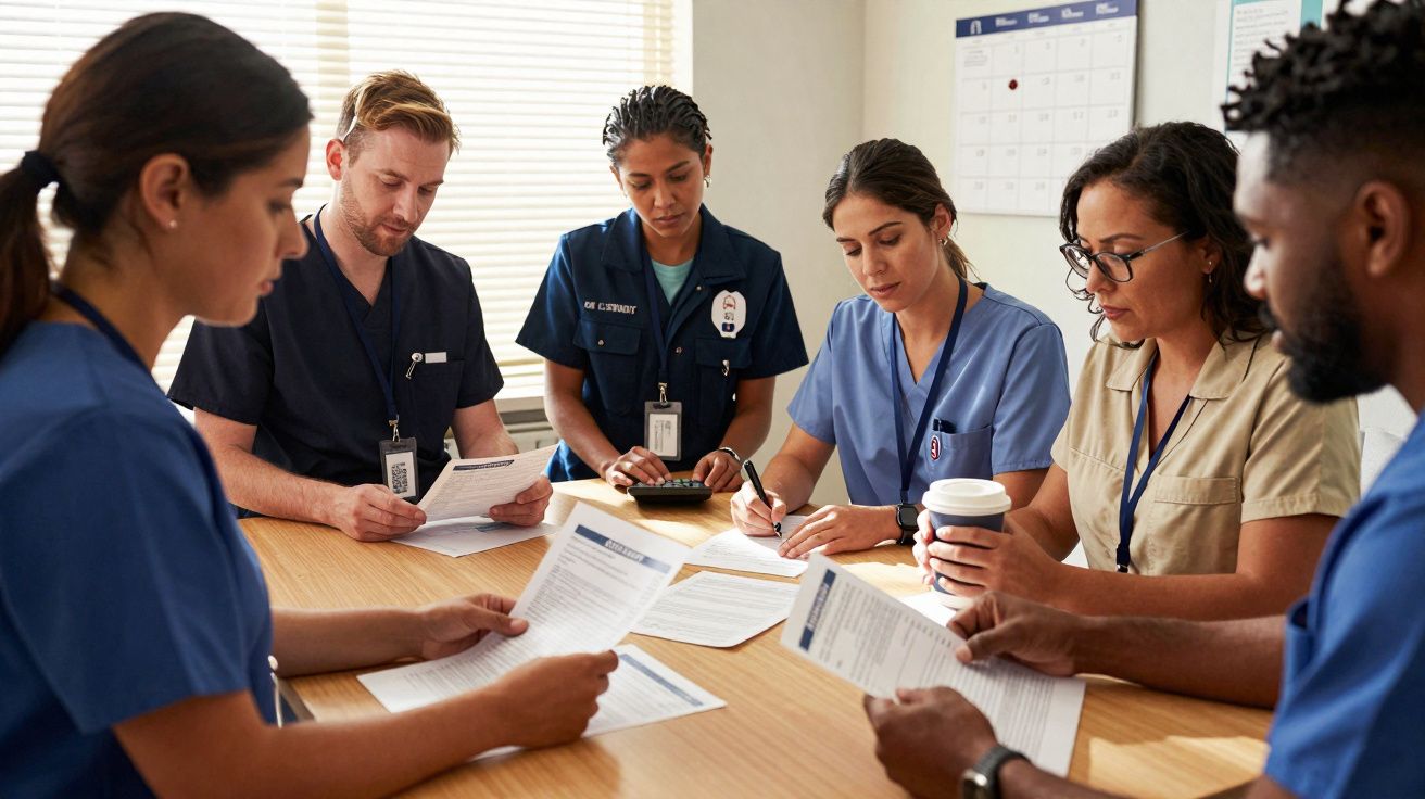 Equipa médica reunida à mesa a analisar documentos e discutir plano de trabalho numa sala iluminada.