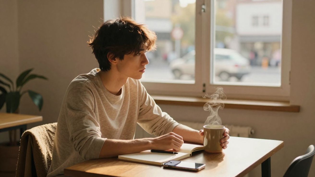 Jovem sentado numa mesa, a olhar pela janela, com uma caneca quente e um caderno à sua frente.