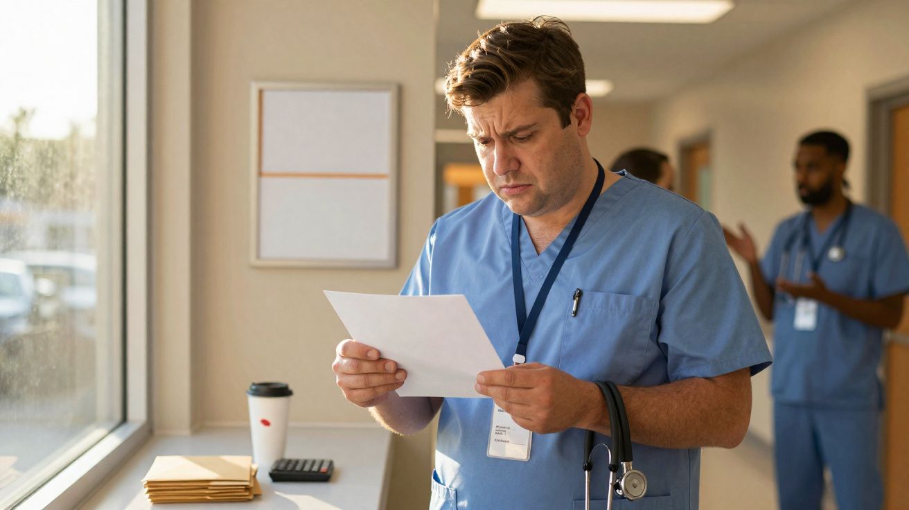 Médico de bata azul lê documento com expressão séria num corredor de hospital, outro profissional ao fundo.