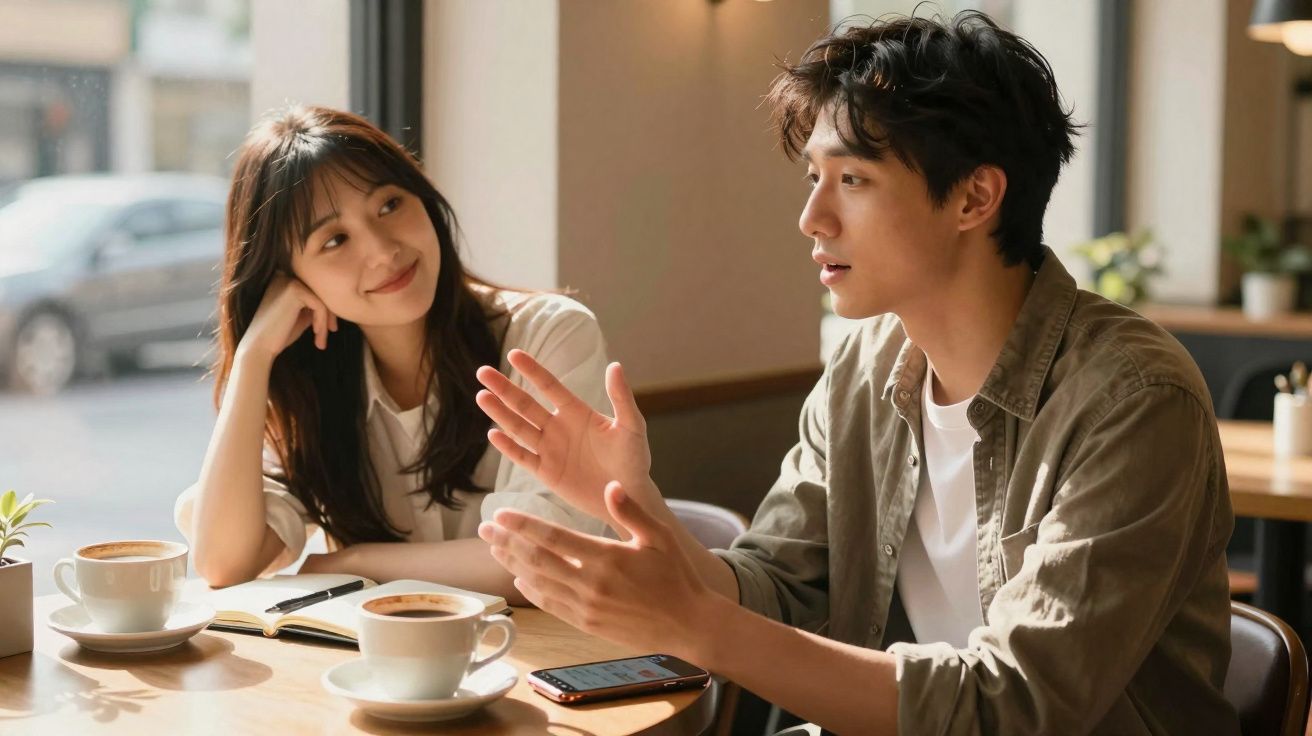 Homem e mulher sentados numa cafetaria, ele a falar com gestos e ela a escutá-lo sorrindo.