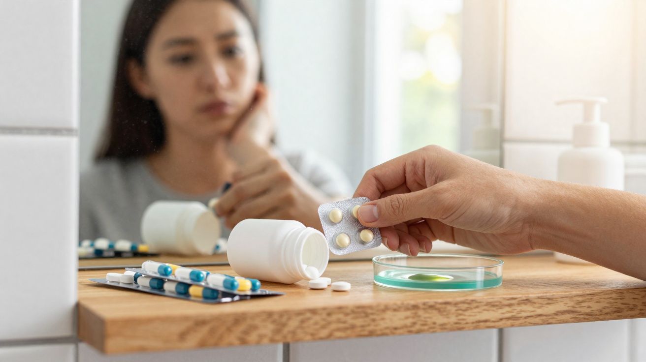 Pessoa com expressão preocupada segurando comprimidos perto de medicamentos num armário de casa de banho.