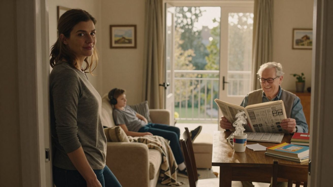 Mulher sorri na porta de uma sala com uma criança de headphones no sofá e um homem idoso a ler jornal à mesa.