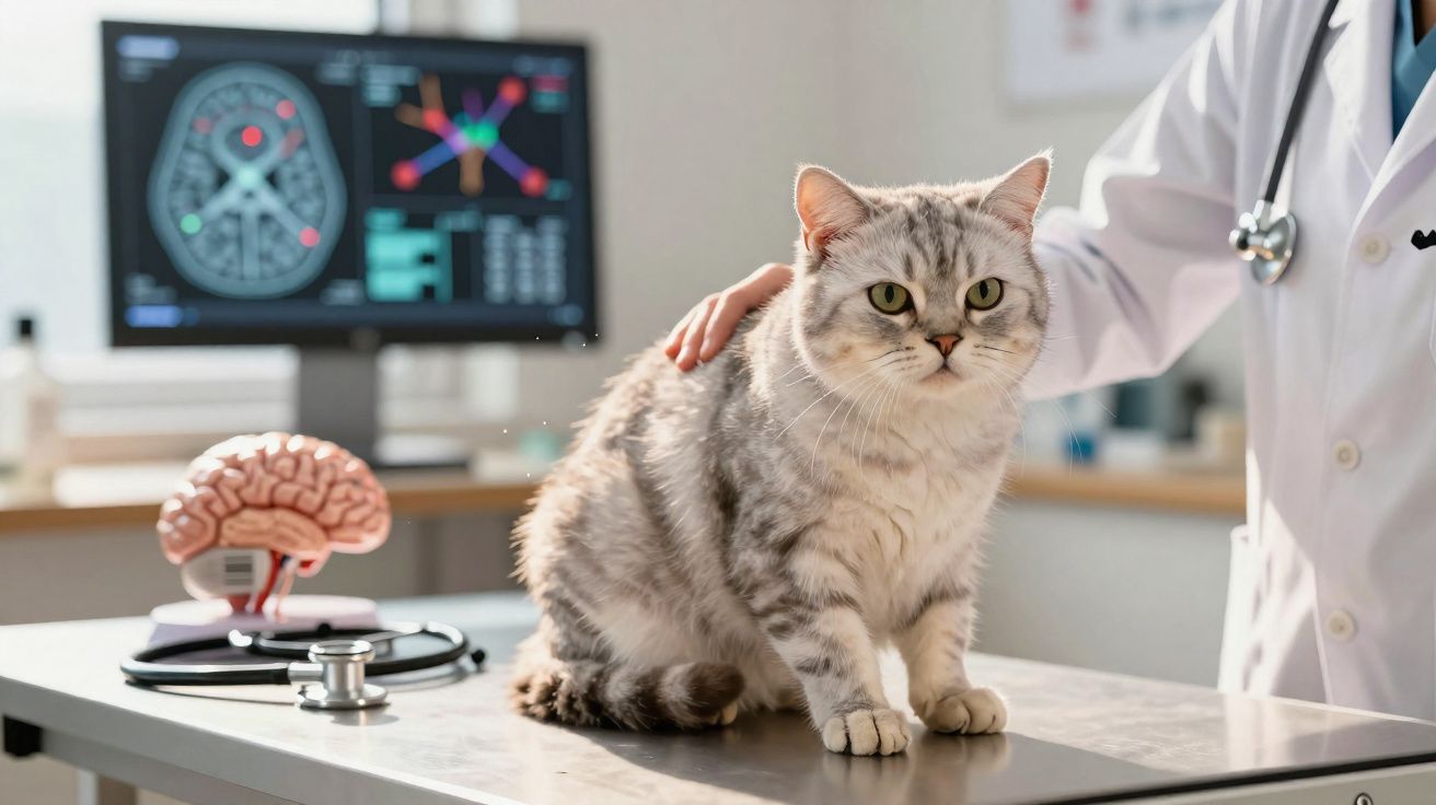 Gato cinzento sentado numa mesa de veterinário com um médico a segurar-lhe suavemente o dorso.