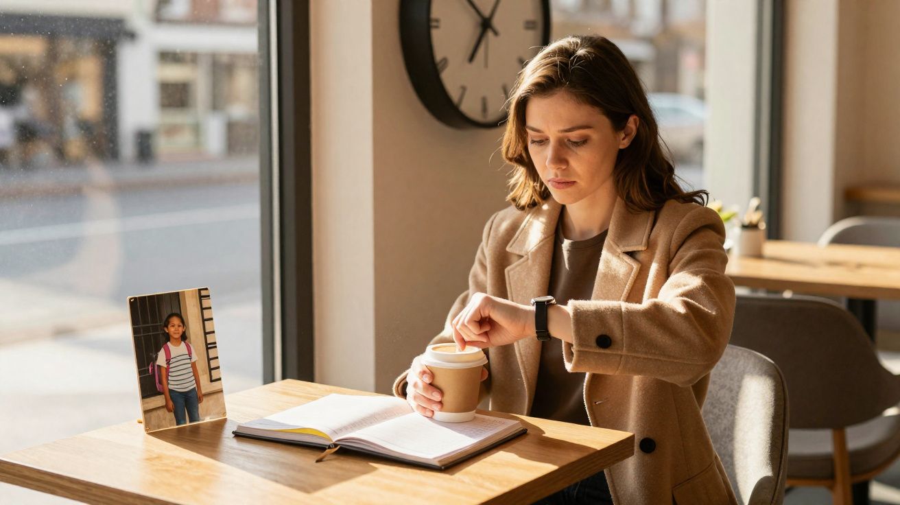 Mulher sentada numa cafeteria, a olhar para o relógio no pulso enquanto segura uma chávena de café.