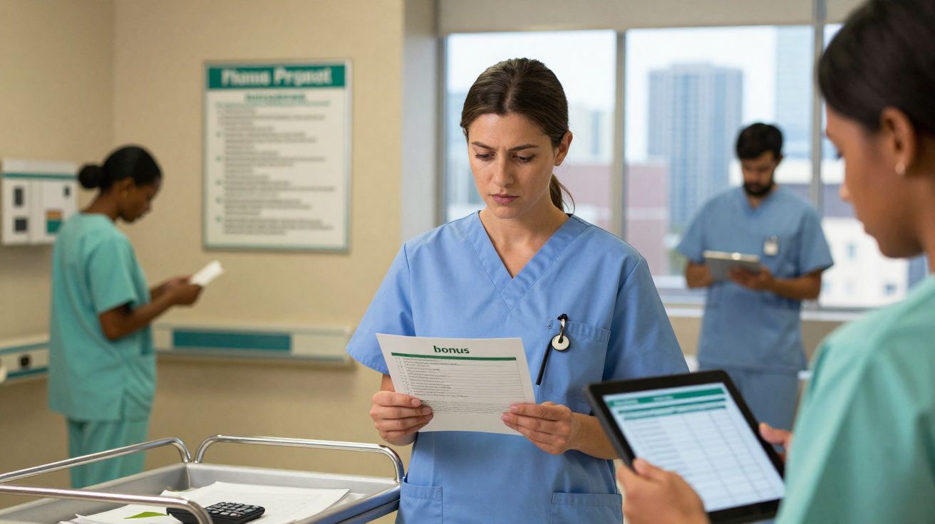 Profissionais de saúde em fardas analisam documentos e informações num ambiente hospitalar.