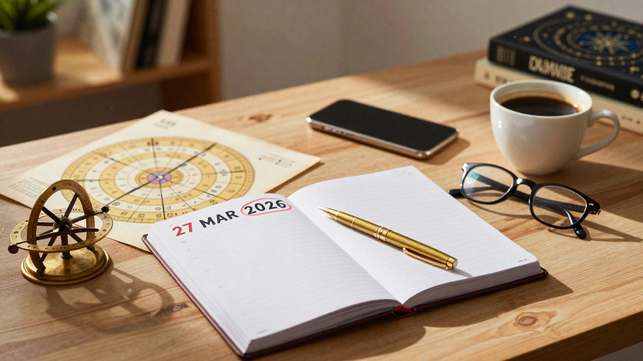 Mesa de madeira com agenda aberta em 27 de março de 2026, caneta dourada, óculos, telemóvel, símbolos e chávena de café.