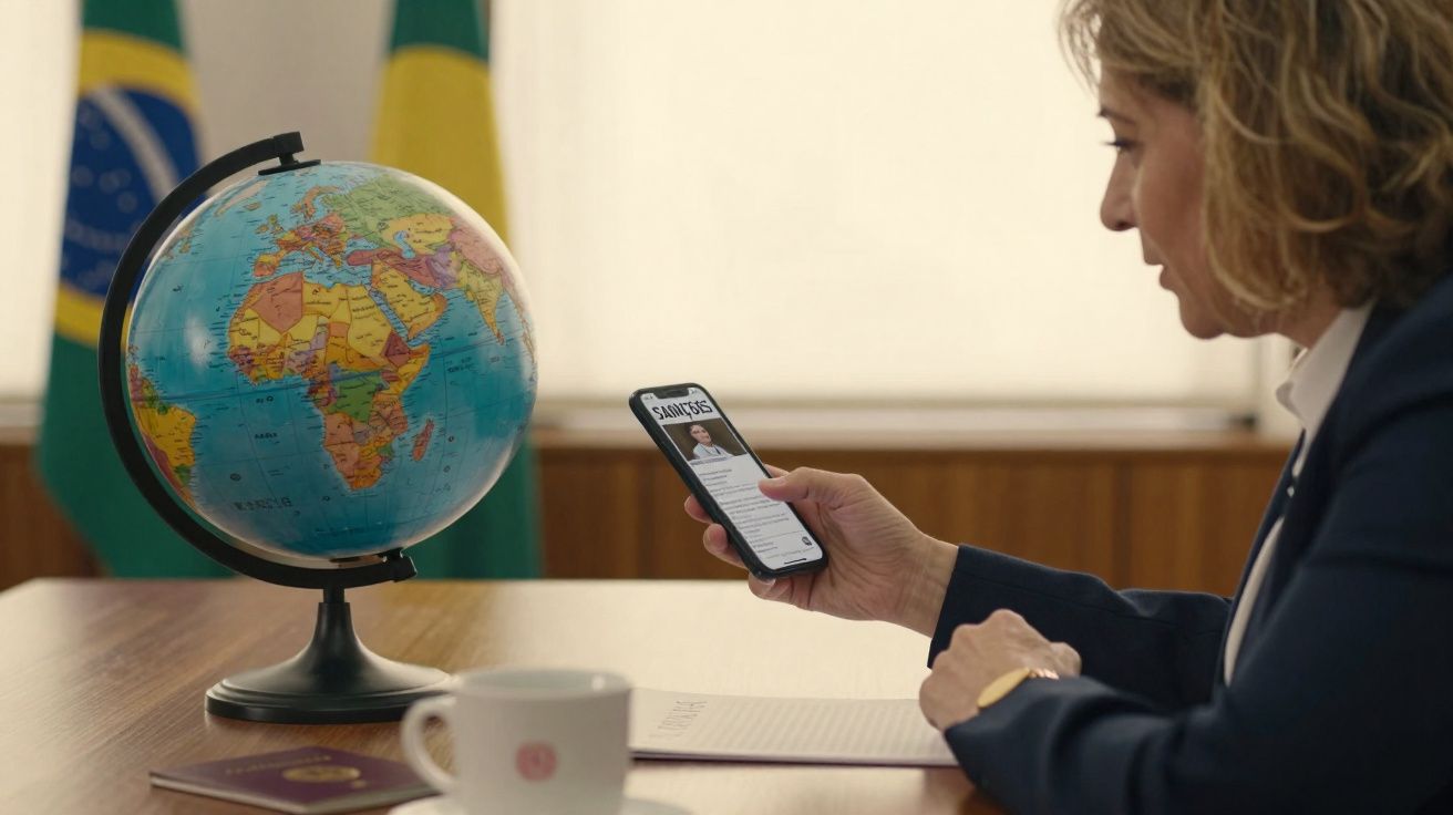 Pessoa sentada à mesa a olhar para telemóvel, com globo terrestre, passaporte e caneca à sua frente.