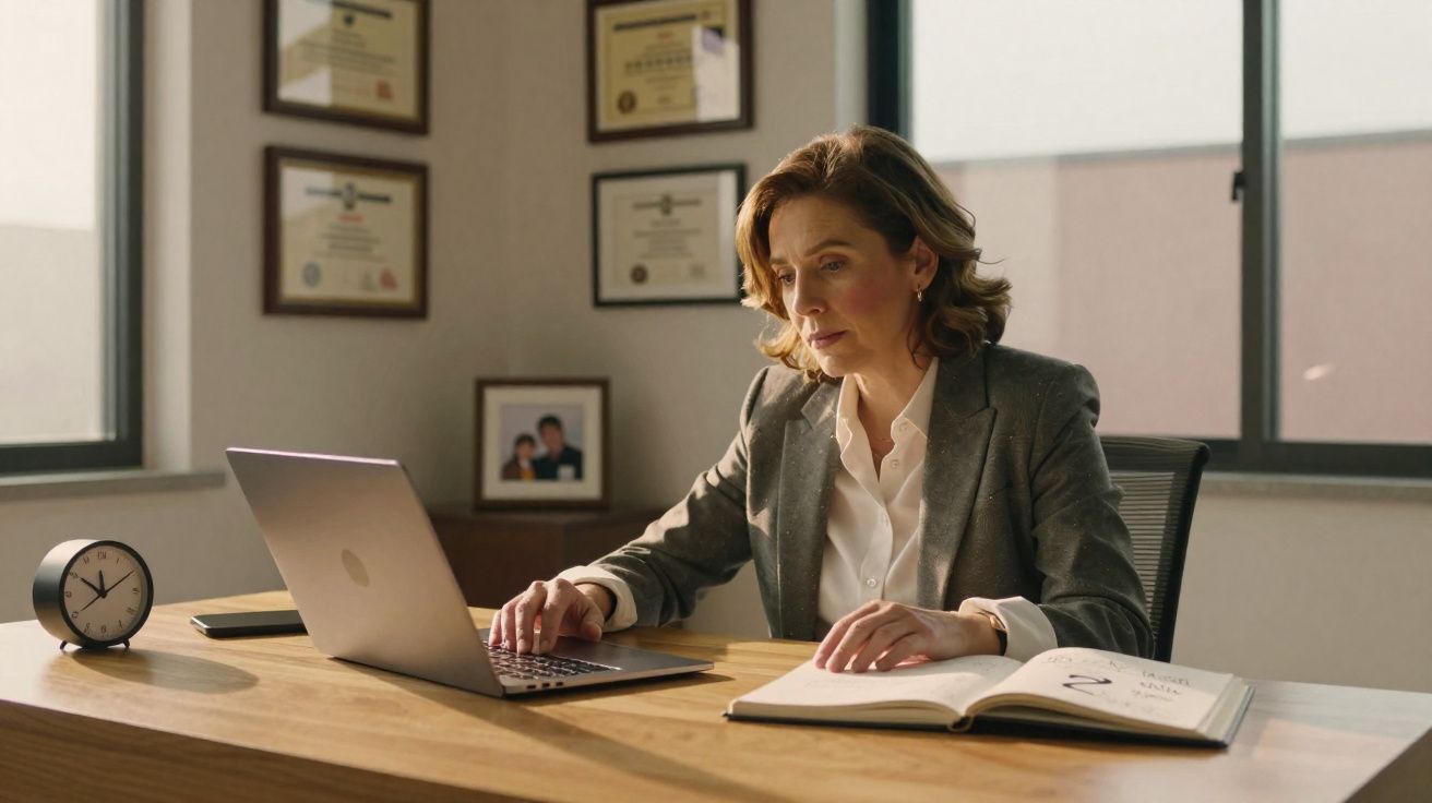 Mulher sentada à secretária, a trabalhar no computador portátil com livro aberto num escritório iluminado.