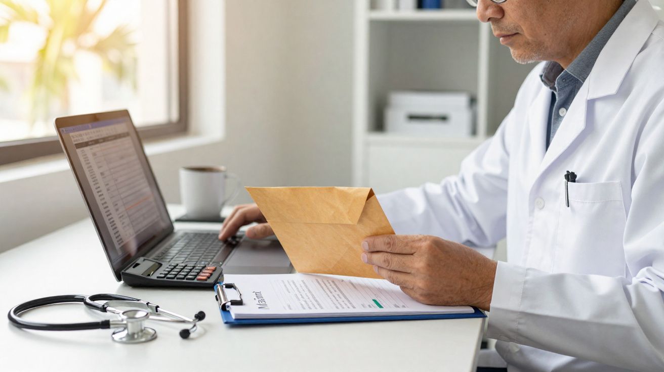 Médico a analisar documentos e usar portátil num consultório com estetoscópio sobre a mesa.