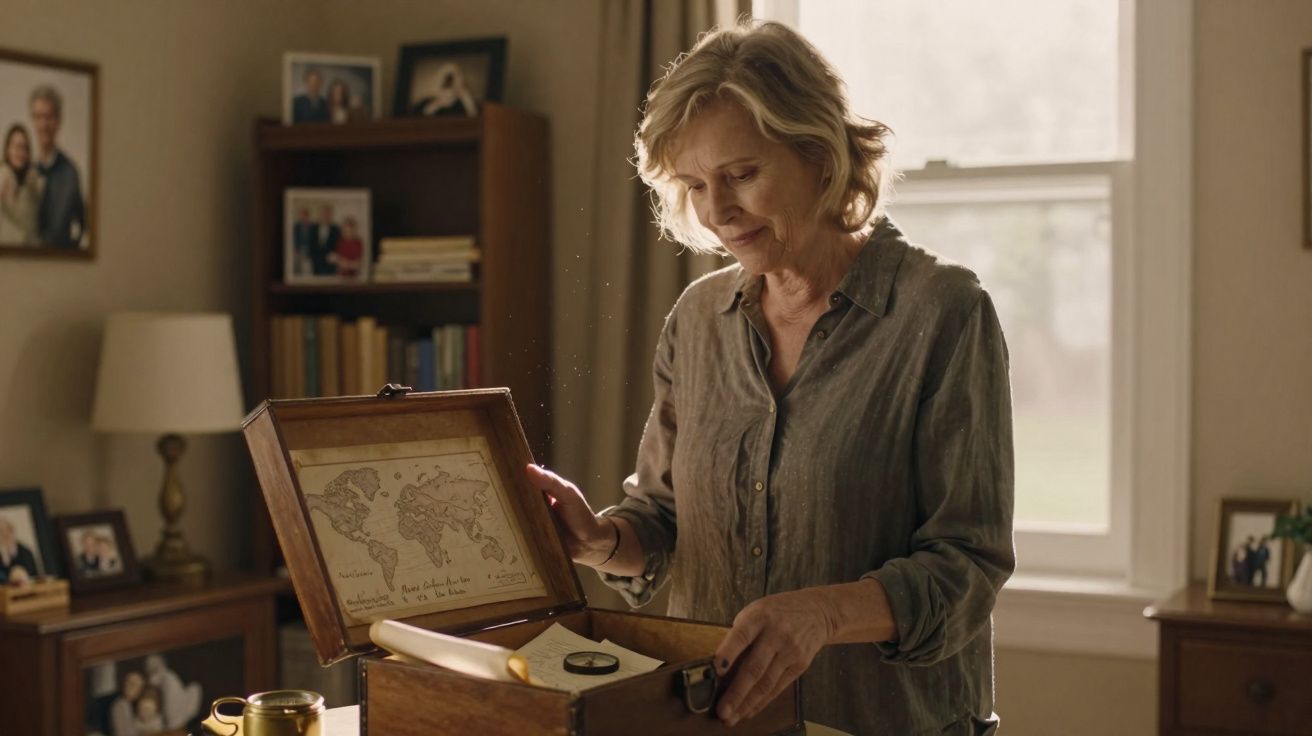 Mulher idosa abre caixa de madeira com mapa do mundo num quarto iluminado pela janela.