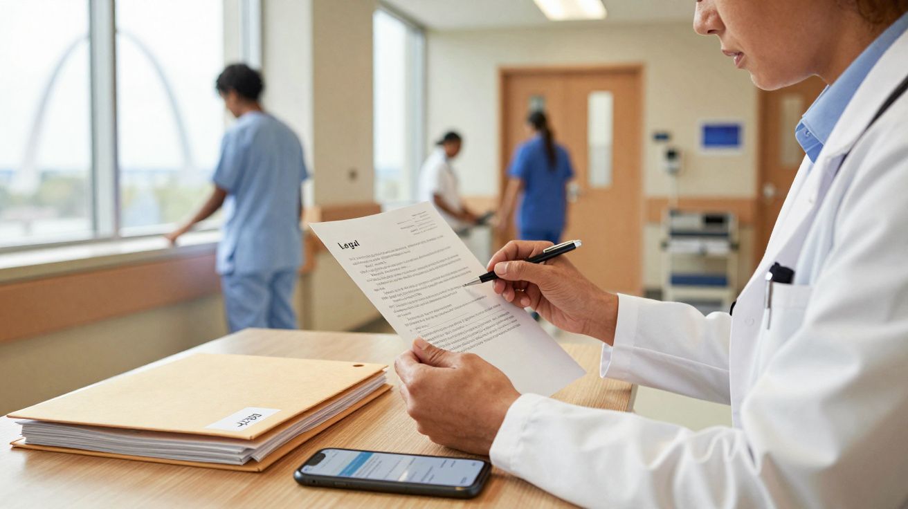 Profissional de saúde a analisar documento legal num ambiente hospitalar com colegas ao fundo.