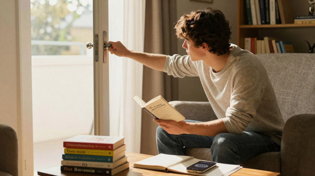 Jovem sentado no sofá a abrir a porta para o exterior, com livro na mão e livros sobre a mesa.