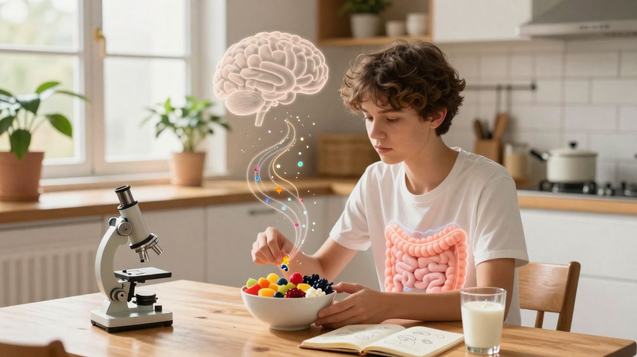 Jovem sentado à mesa com um micróbio, segurando um bowl de frutas e sobreposição gráfica do cérebro e intestinos.