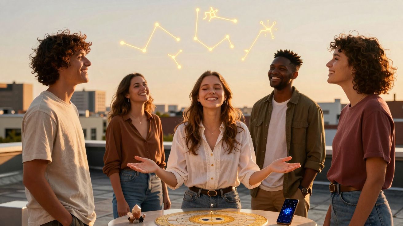 Cinco jovens sorridentes reúnem-se ao entardecer em redor de uma mesa com cartas e constelações digitais no céu.