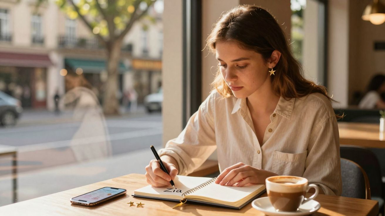 Mulher sentada numa cafeteria a escrever num caderno, com café e telemóvel na mesa junto à janela.
