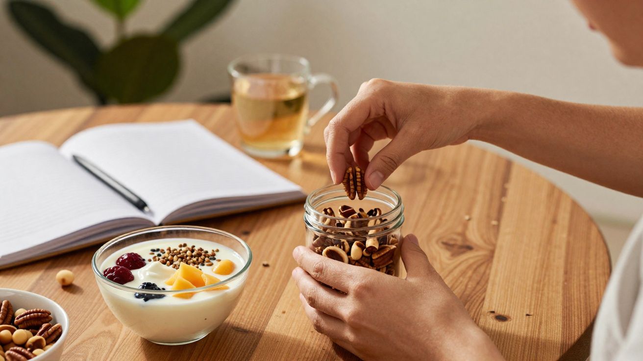 Mãos a pegar nozes de um frasco na mesa com iogurte, frutas, chá e caderno aberto.