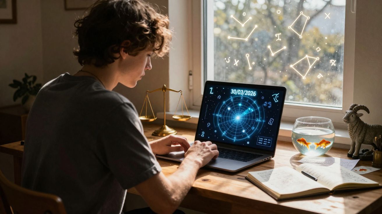 Jovem sentado numa secretária a usar computador com mapa estelar, peixes dourados e constelações na janela.