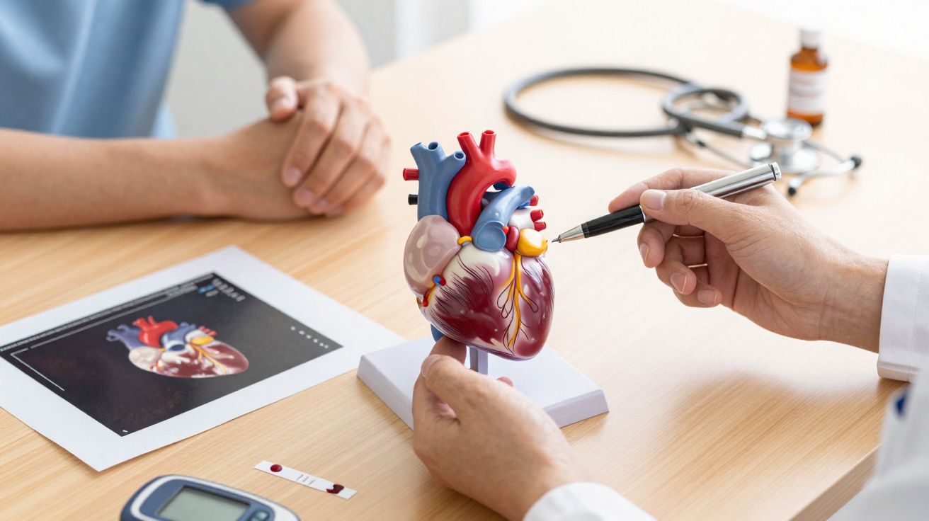 Médico a explicar anatomia do coração com modelo 3D a um paciente numa consulta.
