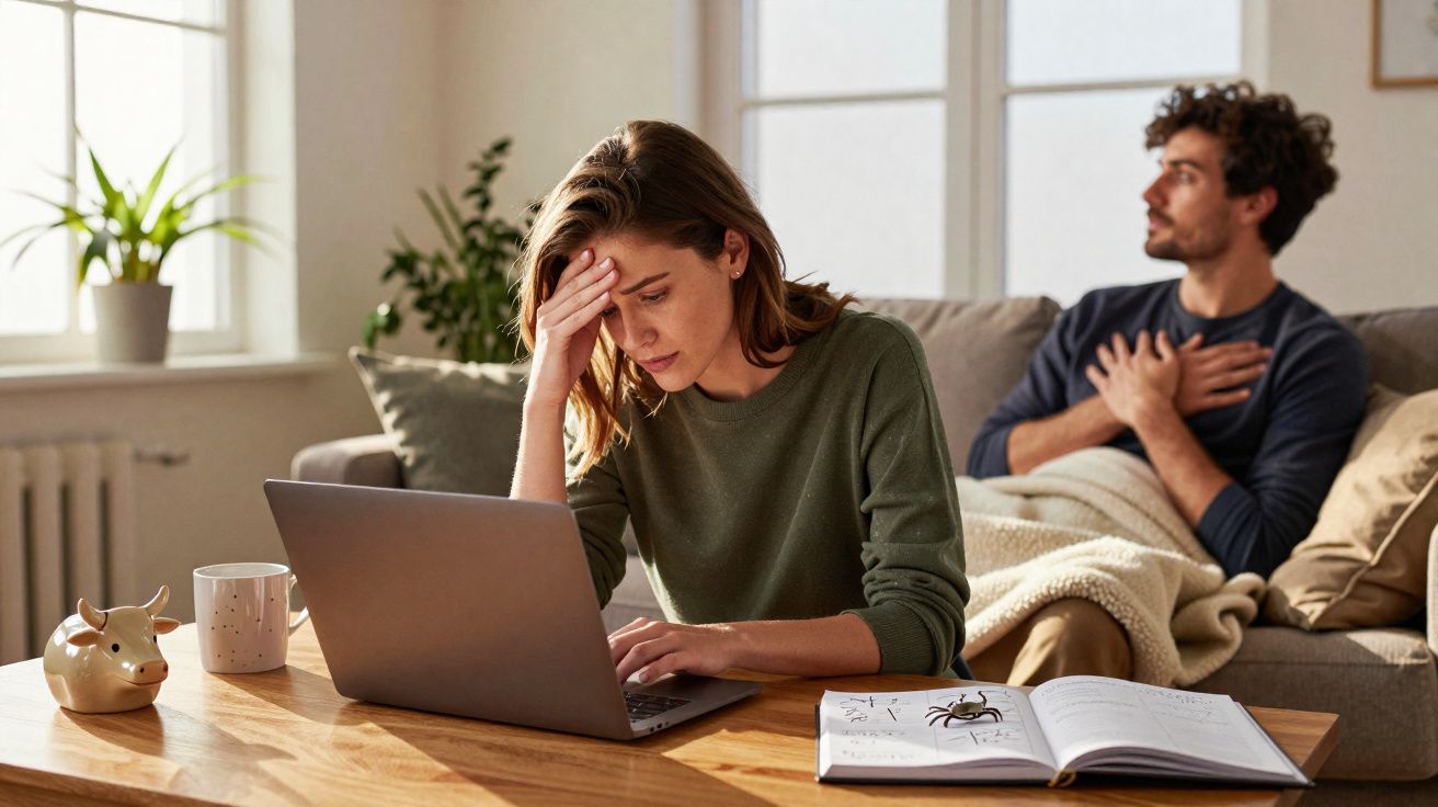 Mulher preocupada no computador à mesa, homem sentado no sofá ao fundo a tocar no peito, ambiente doméstico iluminado.