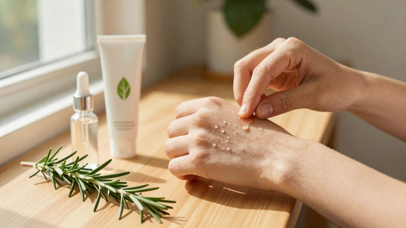 Mãos femininas a aplicar creme esfoliante branco numa mão junto a produtos de skincare e ramo de alecrim.