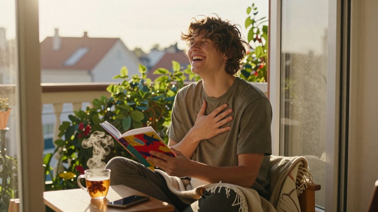 Jovem sentado na varanda a rir enquanto lê um livro, com chá quente e telemóvel na mesa.