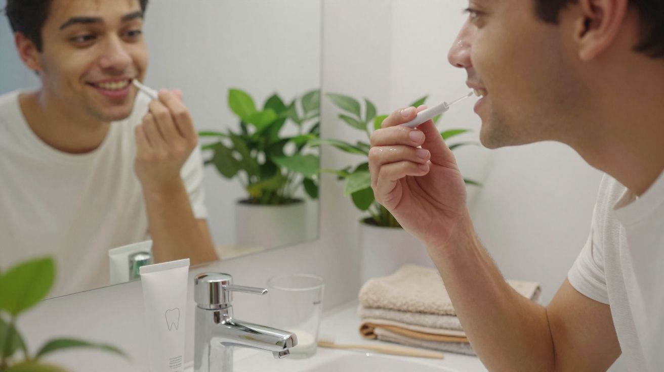 Homem a aplicar produto nos dentes em frente ao espelho num banheiro com planta e toalhas.