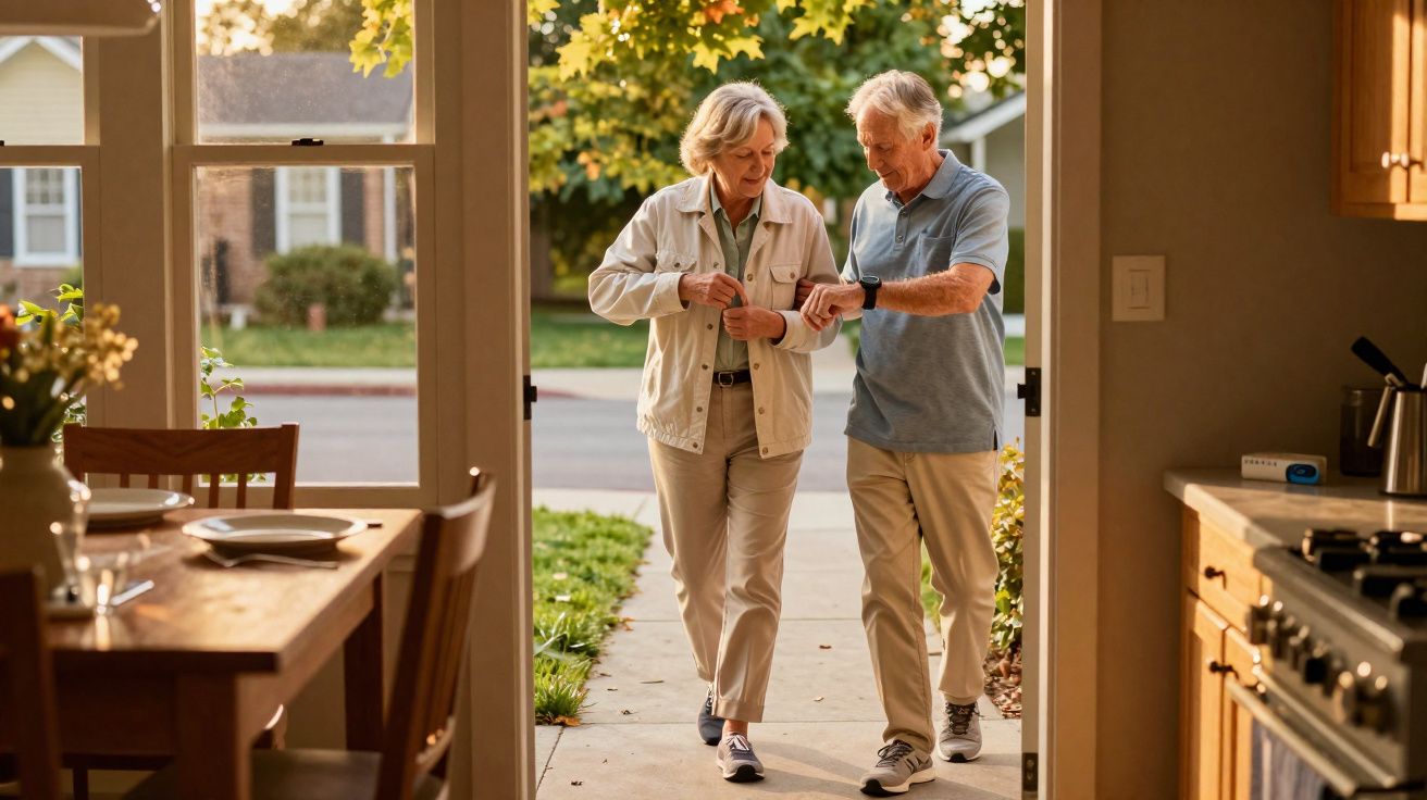 Casal sénior a caminhar no exterior junto à porta aberta de uma cozinha e sala de jantar.
