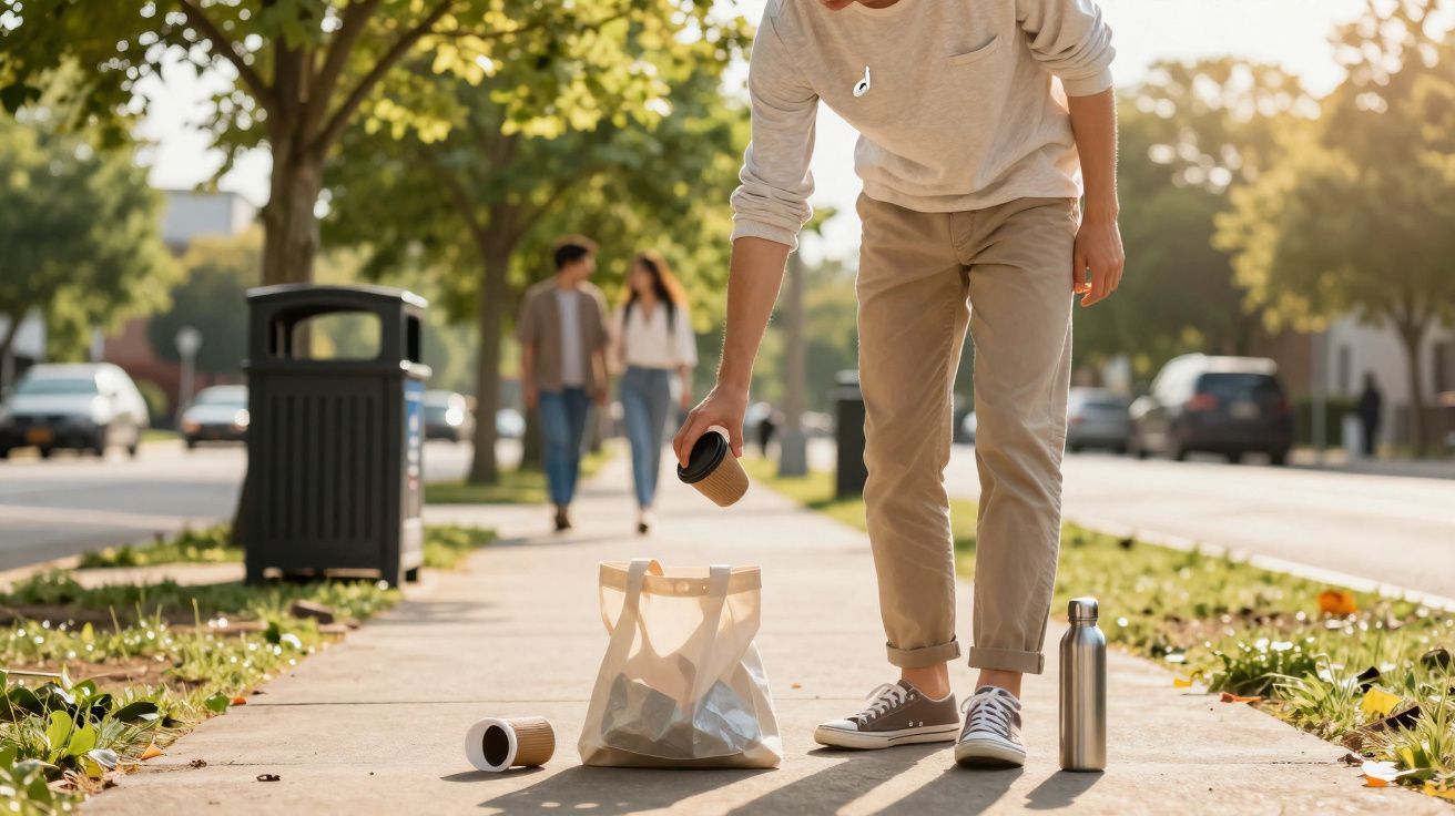 Pessoa apanha copo de café descartável do chão numa calçada urbana com árvores ao fundo.