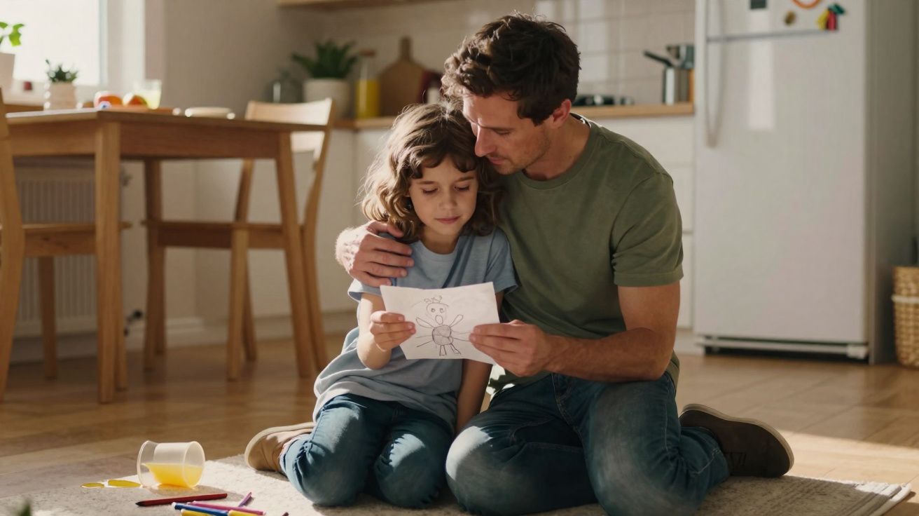 Pai e filha sentados no chão da cozinha a olhar um desenho feito pela criança.