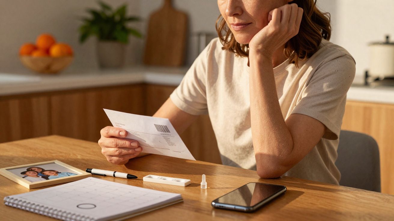 Mulher pensativa lê resultado de teste em papel sentada numa mesa com calendário, telemóvel e fotografia familiar.