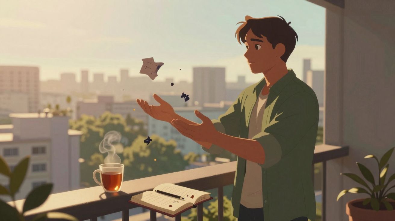 Jovem a abrir as mãos num terraço ao pôr do sol com chá e caderno numa mesa próxima.